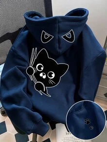 Fall Teen Girl Minimalist Fresh Black Cat Graphic Hooded Sweatshirt Top Chill, Kawaii, Cozy Fall & Winter Style - Navy Blue - View 1