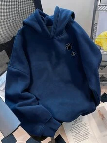 Fall Teen Girl Minimalist Fresh Black Cat Graphic Hooded Sweatshirt Top Chill, Kawaii, Cozy Fall & Winter Style - Navy Blue - View 2