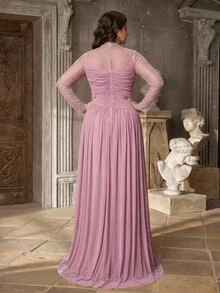Aureia Elegant Luxurious Stretch Lace Patchwork Decor With 3D Pleats, Floor-Length A-Line Formal Evening Gown For Vacation, Party, Birthday, Gala And Formal Occasions (Intricate Design) - Pink - View 3