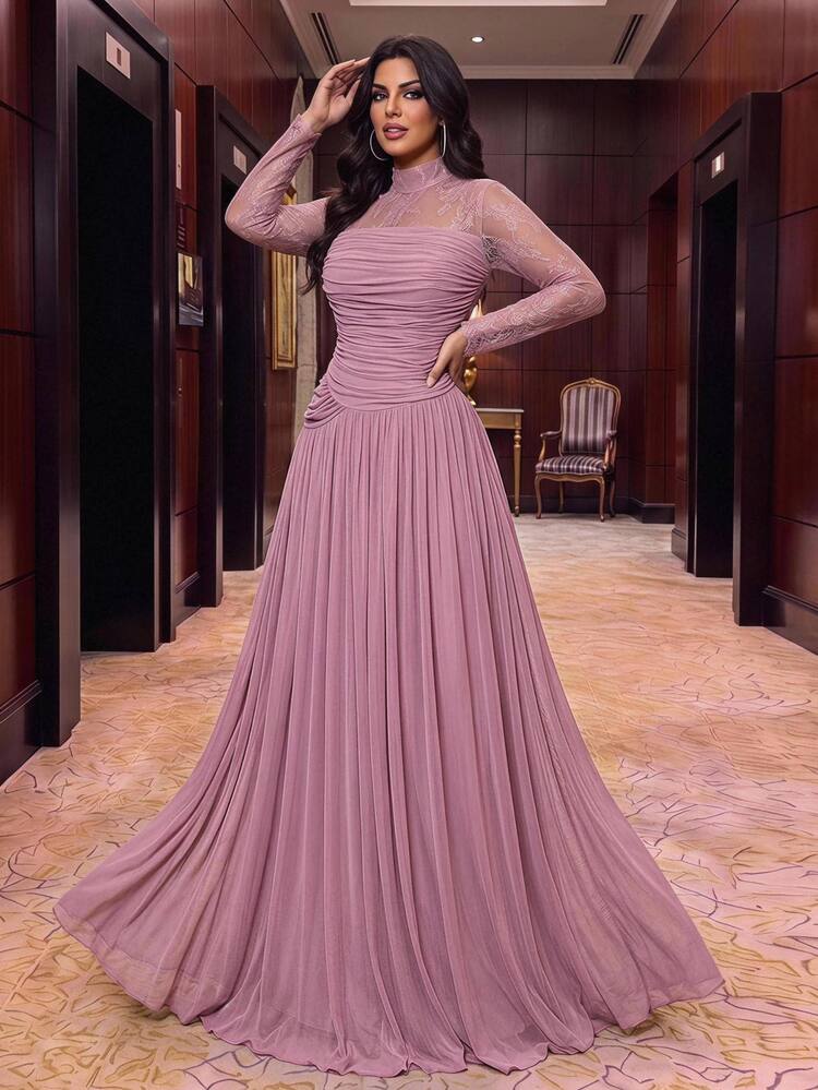 Aureia Elegant Luxurious Stretch Lace Patchwork Decor With 3D Pleats, Floor-Length A-Line Formal Evening Gown For Vacation, Party, Birthday, Gala And Formal Occasions (Intricate Design) - Pink - View 5