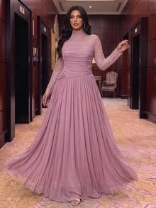 Aureia Elegant Luxurious Stretch Lace Patchwork Decor With 3D Pleats, Floor-Length A-Line Formal Evening Gown For Vacation, Party, Birthday, Gala And Formal Occasions (Intricate Design) - Pink - View 8