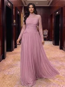 Aureia Elegant Luxurious Stretch Lace Patchwork Decor With 3D Pleats, Floor-Length A-Line Formal Evening Gown For Vacation, Party, Birthday, Gala And Formal Occasions (Intricate Design) - Pink - View 2