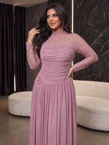 Aureia Elegant Luxurious Stretch Lace Patchwork Decor With 3D Pleats, Floor-Length A-Line Formal Evening Gown For Vacation, Party, Birthday, Gala And Formal Occasions (Intricate Design) - Pink - View 1