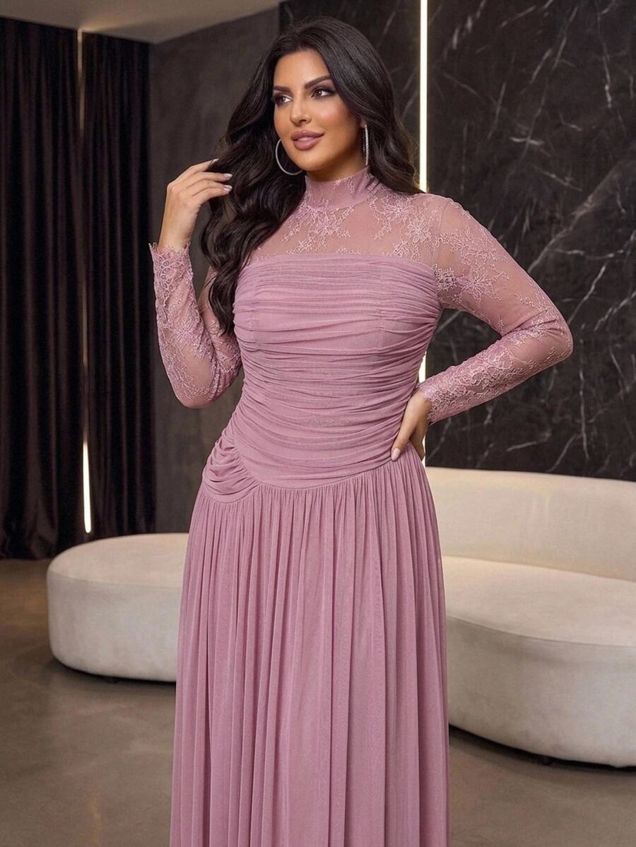 Aureia Elegant Luxurious Stretch Lace Patchwork Decor With 3D Pleats, Floor-Length A-Line Formal Evening Gown For Vacation, Party, Birthday, Gala And Formal Occasions (Intricate Design) - Pink - View 1