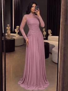 Aureia Elegant Luxurious Stretch Lace Patchwork Decor With 3D Pleats, Floor-Length A-Line Formal Evening Gown For Vacation, Party, Birthday, Gala And Formal Occasions (Intricate Design) - Pink - View 7