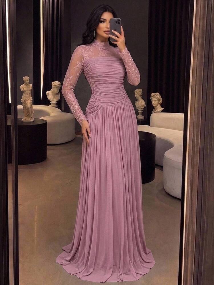 Aureia Elegant Luxurious Stretch Lace Patchwork Decor With 3D Pleats, Floor-Length A-Line Formal Evening Gown For Vacation, Party, Birthday, Gala And Formal Occasions (Intricate Design) - Pink - View 7