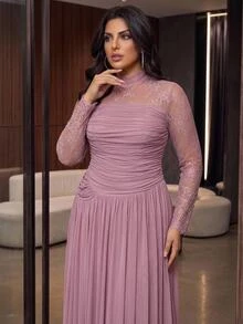 Aureia Elegant Luxurious Stretch Lace Patchwork Decor With 3D Pleats, Floor-Length A-Line Formal Evening Gown For Vacation, Party, Birthday, Gala And Formal Occasions (Intricate Design) - Pink - View 6