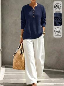 SHEIN Sweater Wanita Kasual Serbaguna Warna Polos, Musim Gugur/Dingin - Navy Blue - View 4