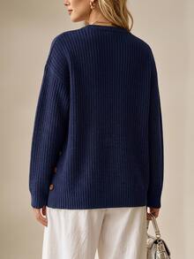 SHEIN Sweater Wanita Kasual Serbaguna Warna Polos, Musim Gugur/Dingin - Navy Blue - View 3