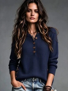 SHEIN Sweater Wanita Kasual Serbaguna Warna Polos, Musim Gugur/Dingin - Navy Blue - View 2