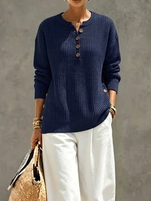 SHEIN Sweater Wanita Kasual Serbaguna Warna Polos, Musim Gugur/Dingin - Navy Blue - View 5