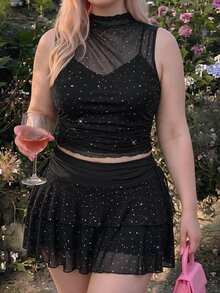 SHEIN MOD Plus Size Black Sequin Tank Top & Cake Skirt 2 Pieces Set, Autumn/Winter Party Outfit, Spring/Summer All-Season Wear, Holiday & Date Night Look - Black - View 5