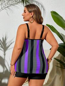 SHEIN Swim Curve 大码女式波尔卡圆点条纹印花休闲比基尼泳装，海滩度假夏季 - 紫色 - 查看 2