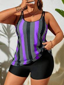 SHEIN Swim Curve 大码女式波尔卡圆点条纹印花休闲比基尼泳装，海滩度假夏季 - 紫色 - 查看 1