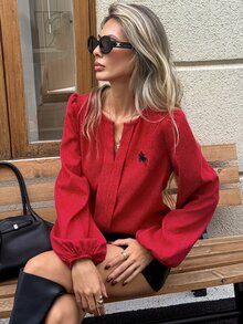 SHEIN LUNE 聖誕休閒通勤女款刺繡長袖燈芯絨襯衫，秋冬日常基礎時尚外出穿搭 - 紅色 - 查看 6