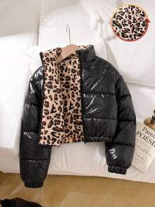 SHEIN Young Girls Leopard Winter Coats, Cute Tops, Winter, Cheetah Print Fleece And Thickened Stand Collar Cut Fleece And Thickened - Black - View 1