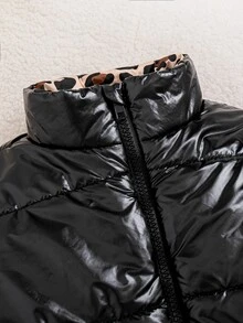 SHEIN Young Girls Leopard Winter Coats, Cute Tops, Winter, Cheetah Print Fleece And Thickened Stand Collar Cut Fleece And Thickened - Black - View 4