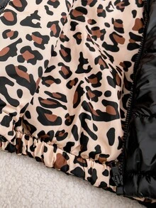 SHEIN Young Girls Leopard Winter Coats, Cute Tops, Winter, Cheetah Print Fleece And Thickened Stand Collar Cut Fleece And Thickened - Black - View 6