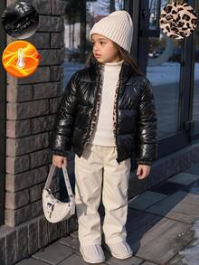 SHEIN Young Girls Leopard Winter Coats, Cute Tops, Winter, Cheetah Print Fleece And Thickened Stand Collar Cut Fleece And Thickened - Black - View 7