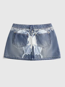 ROMWE Women's Butterfly Lace Y2K Denim Skirt - Multicolor - View 1