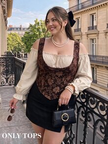 SHEIN MOD Plus Size Brown Floral Vintage Elegant Pastoral Style Cold Shoulder Ruffle Trim Fitted Blouse, Summer Tea Party French Bohemian Style Floral Jacquard Y2K Top - Multicolor - View 1