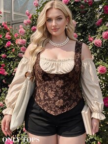 SHEIN MOD Plus Size Brown Floral Vintage Elegant Pastoral Style Cold Shoulder Ruffle Trim Fitted Blouse, Summer Tea Party French Bohemian Style Floral Jacquard Y2K Top - Multicolor - View 3