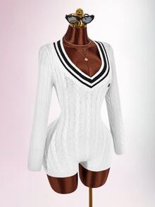 Amplova Women's Knight Graphic Contrast Color Casual Daily Knit Romper - Brown - View 9
