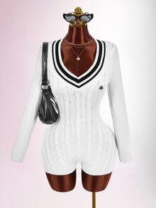 Amplova Women's Knight Graphic Contrast Color Casual Daily Knit Romper - Brown - View 1