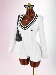Amplova Women's Knight Graphic Contrast Color Casual Daily Knit Romper - Brown - View 4