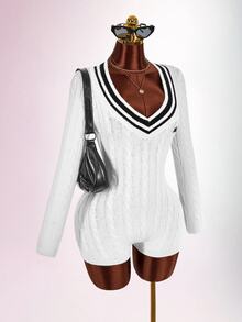Amplova Women's Knight Graphic Contrast Color Casual Daily Knit Romper - Brown - View 7