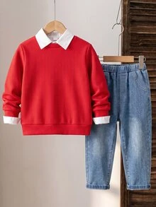 SHEIN 男童 2 件套：紋理紅色圓領衛衣與直筒水洗牛仔褲，休閒日常風格 - 紅色 - 查看 3