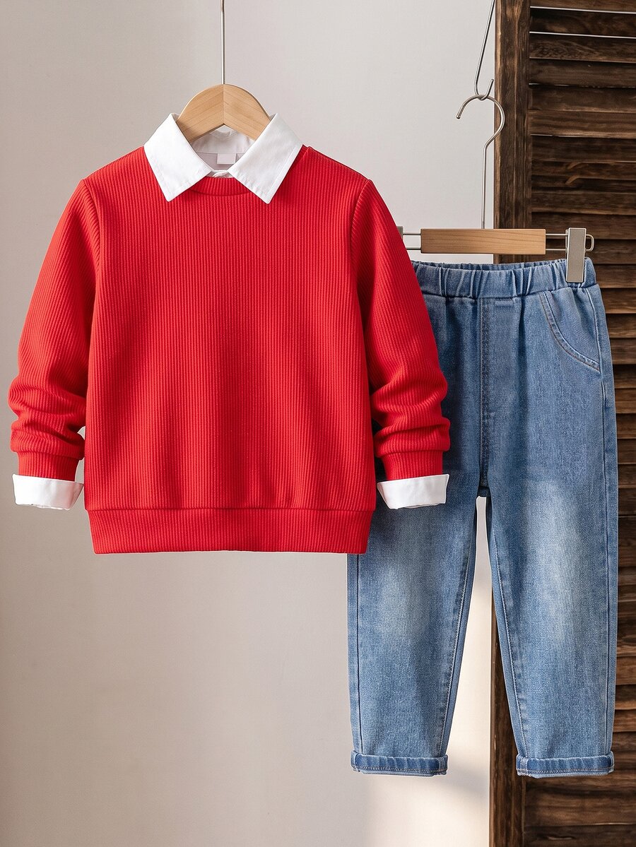 SHEIN Boys' 2 Pieces Set: Textured Red Crew Neck Sweatshirt And Straight-Leg Washed Denim Jeans, Casual Everyday Style - Red - View 1