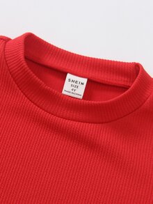 SHEIN 男童 2 件套：紋理紅色圓領衛衣與直筒水洗牛仔褲，休閒日常風格 - 紅色 - 查看 6
