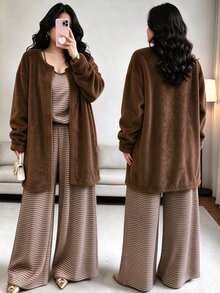 GlowEve CURVE Plus Size Women's Striped Camisole, Long Pants And Long Sleeve Cardigan Casual Set Fall - Brown - View 1