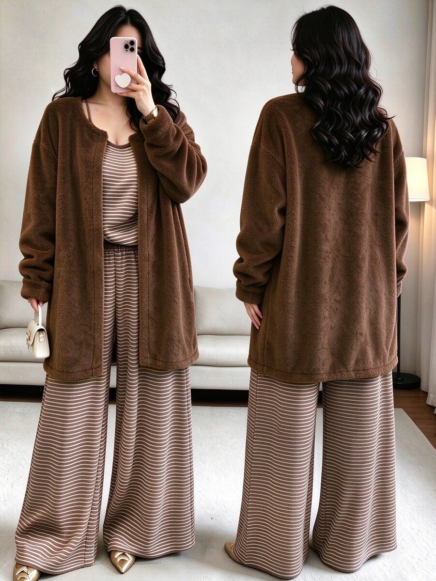 GlowEve CURVE Plus Size Women's Striped Camisole, Long Pants And Long Sleeve Cardigan Casual Set Fall - Brown - View 1