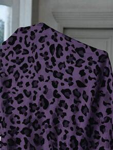 SHEIN EZwear 大尺碼女款豹紋內搭上衣、長袖開襟衫與緊身褲休閒運動牛仔日常套裝，適合健身房教師，灰色，秋季 - 紫色 - 查看 4
