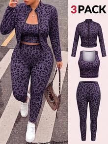 SHEIN EZwear 大尺碼女款豹紋內搭上衣、長袖開襟衫與緊身褲休閒運動牛仔日常套裝，適合健身房教師，灰色，秋季 - 紫色 - 查看 1