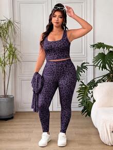 SHEIN EZwear 大尺碼女款豹紋內搭上衣、長袖開襟衫與緊身褲休閒運動牛仔日常套裝，適合健身房教師，灰色，秋季 - 紫色 - 查看 7