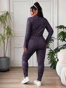 SHEIN EZwear 大尺碼女款豹紋內搭上衣、長袖開襟衫與緊身褲休閒運動牛仔日常套裝，適合健身房教師，灰色，秋季 - 紫色 - 查看 2