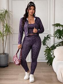 SHEIN EZwear 大尺碼女款豹紋內搭上衣、長袖開襟衫與緊身褲休閒運動牛仔日常套裝，適合健身房教師，灰色，秋季 - 紫色 - 查看 3