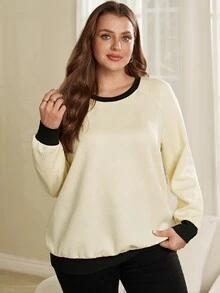 EMERY ROSE Áo nỉ nữ size lớn phối màu vân nổi cổ tròn tay raglan phong cách thường ngày cho mùa thu đông 2026, mặc đi brunch, mặc nhà, trang trọng, màu trắng toàn bộ - Nhiều màu - Xem 7