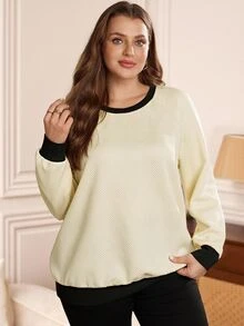 EMERY ROSE Áo nỉ nữ size lớn phối màu vân nổi cổ tròn tay raglan phong cách thường ngày cho mùa thu đông 2026, mặc đi brunch, mặc nhà, trang trọng, màu trắng toàn bộ - Nhiều màu - Xem 8