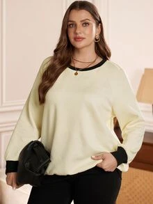 EMERY ROSE Áo nỉ nữ size lớn phối màu vân nổi cổ tròn tay raglan phong cách thường ngày cho mùa thu đông 2026, mặc đi brunch, mặc nhà, trang trọng, màu trắng toàn bộ - Nhiều màu - Xem 1
