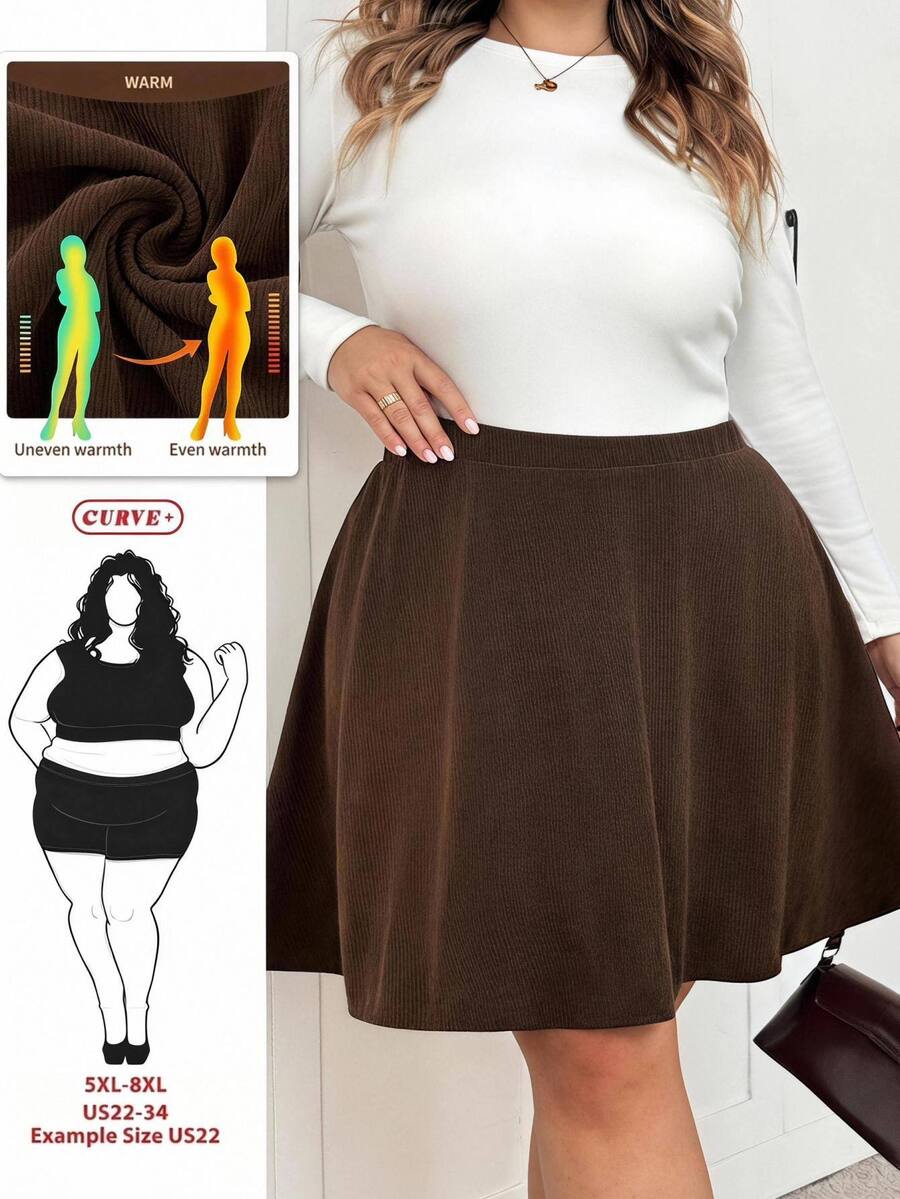 SHEIN CURVE+ Plus Size Women's Autumn/Winter New Solid Color Casual Knit Midi Skirt, Suitable For Daily Commute, Holiday Party, Christmas, Halloween Fall - Green - View 1