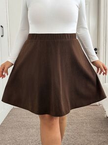 SHEIN CURVE+ Plus Size Women's Autumn/Winter New Solid Color Casual Knit Midi Skirt, Suitable For Daily Commute, Holiday Party, Christmas, Halloween Fall - Green - View 7