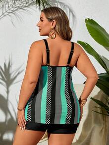 SHEIN Swim Curve 大码女式度假波尔卡圆点条纹印花休闲比基尼泳装搭配背心式上衣夏季 - 薄荷綠 - 查看 2