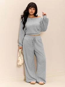 CovetEZ طقم قطعتين كاجوال متعدد الاستخدامات بمقاسات كبيرة، تي شيرت بياقة غير متماثلة وبنطال واسع برباط، من مزيج قطني مريح، للخريف والشتاء - رمادي - مشاهدة 8