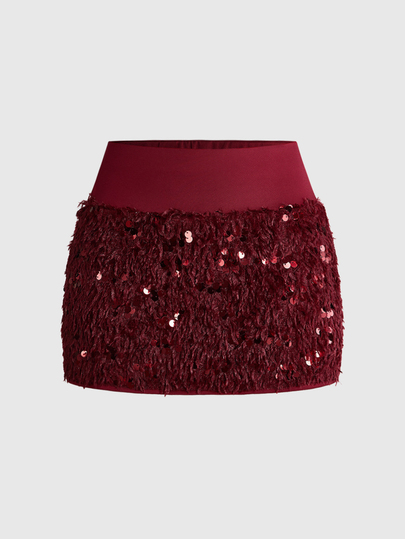 Y2K Falda de mujer para fiesta de otoño/invierno de color burdeos con lentejuelas y felpa