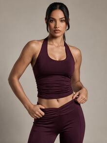 Costa Lumi Ruched Waist Spaghetti Strap Camisole, Slim Fit Streetwear Athleisure Athletic Sports Crop Top Gym Burgundy Summer - Hot Pink - View 2
