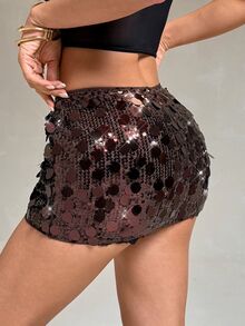 SHEIN PETITE Women's Sexy Sequin Mini Skirt For Bar - Brown - View 2